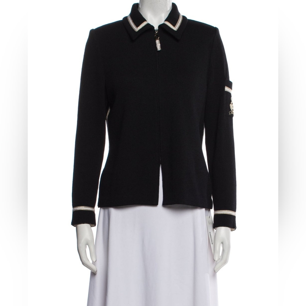 St. John Collection Black Knit Zip-Front Blazer with Cream Trim